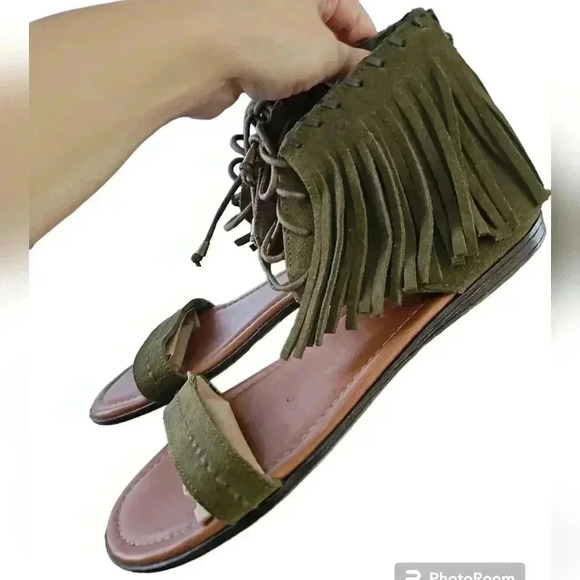 Minnetonka   Fringe Leather Zip Ankle  Open Toe Sandals Women's Size 10 - Picture 4 of 7